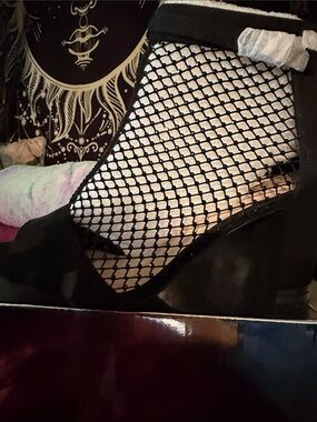 Black Fishnet Peep-Toe Block Heel Ankle Boot